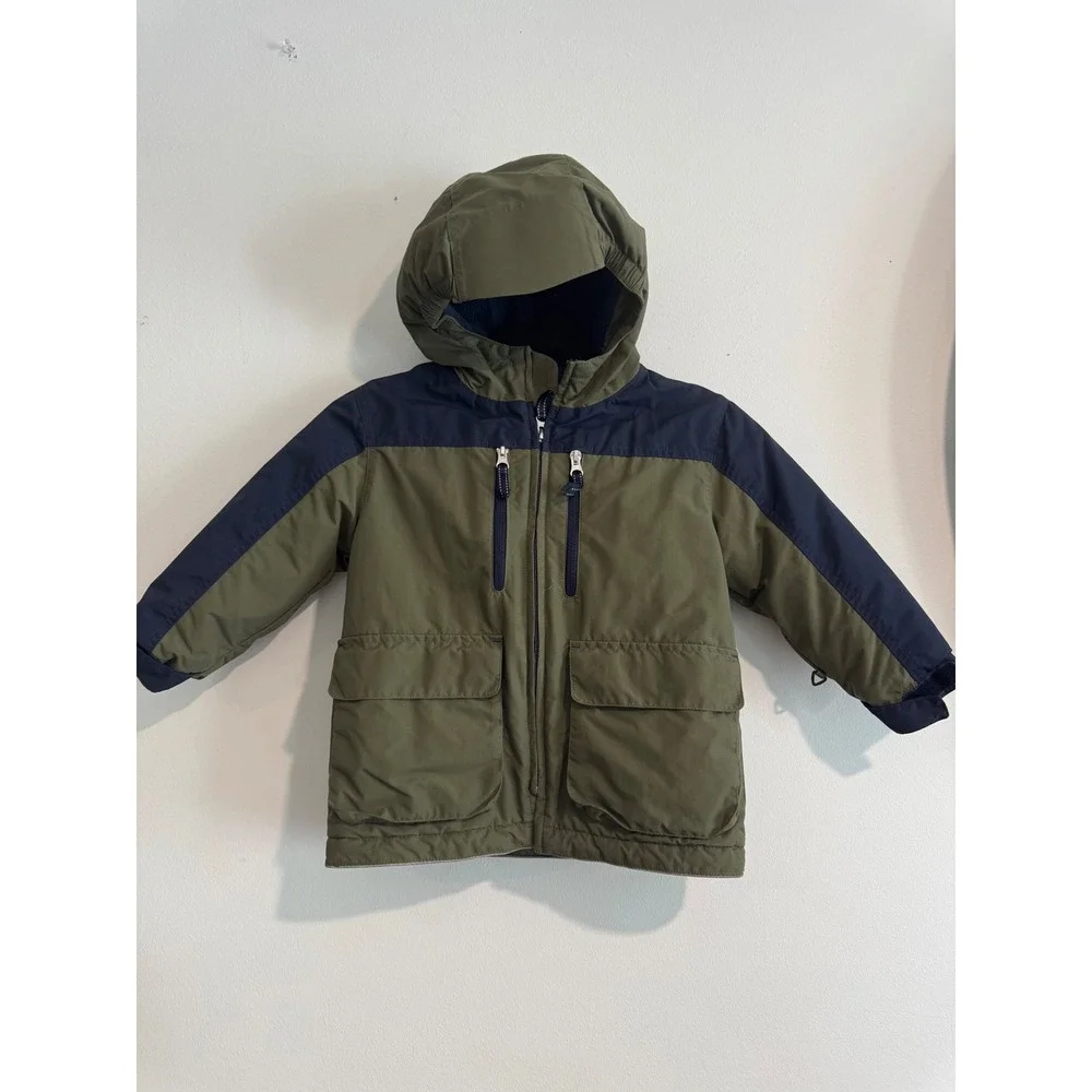 Lands End Squall Hooded Winter Jacket Boys Size 4 Green Blue Fleece Lined